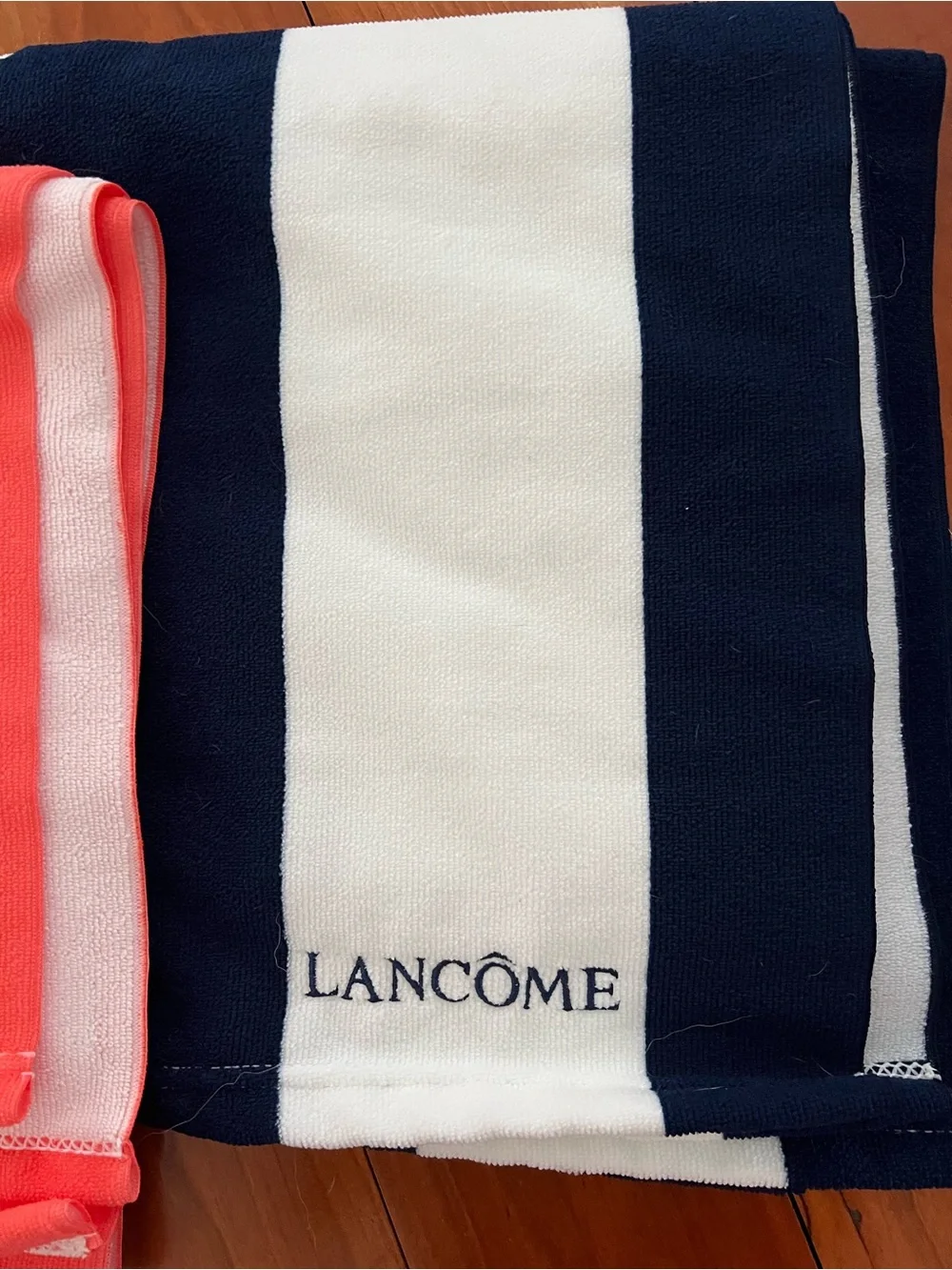 Striped Lancôme Beach Towels — Coral/Green and Navy/White—NWOT!